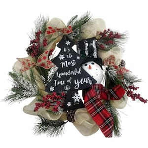 20 in. Artificial Christmas Wreath with Snowman, Pinecones, Berries