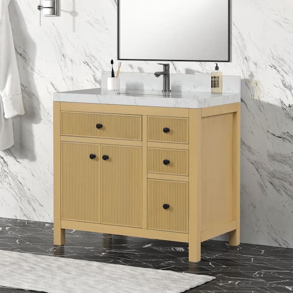 Tissa 36 in. W x 22 in. D x 35 in. H Single Sink Freestanding Bath Vanity in Classic Oak with White Quartz Top
