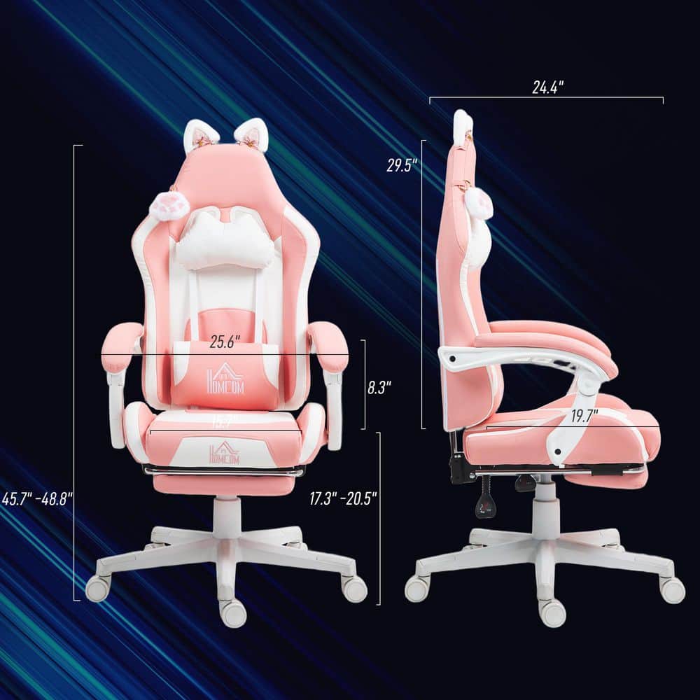 Pink Faux Leather Reclining Gaming Chair with Footrest and Cat Ears