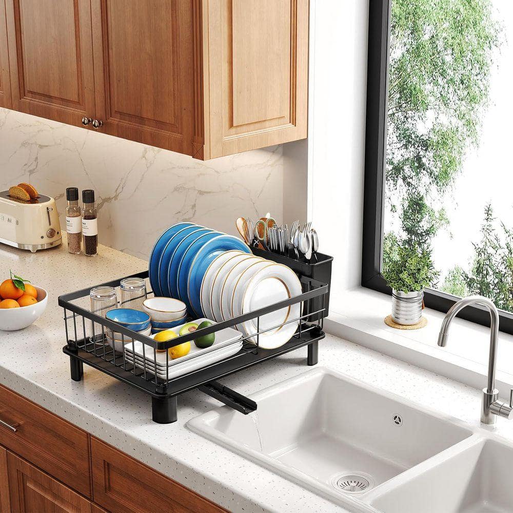 Bottom Dish Rack Lynzavix Black Stainless Steel Compact Countertop Dish Rack with ...