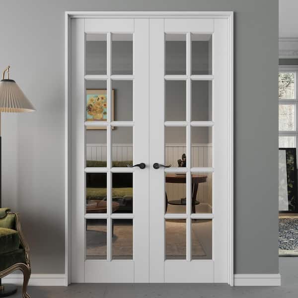 48 in. x 80 in. Universal 10-Lite Clear Glass White Solid Core Wood Assembly Required Interior French Door+ Frame Set
