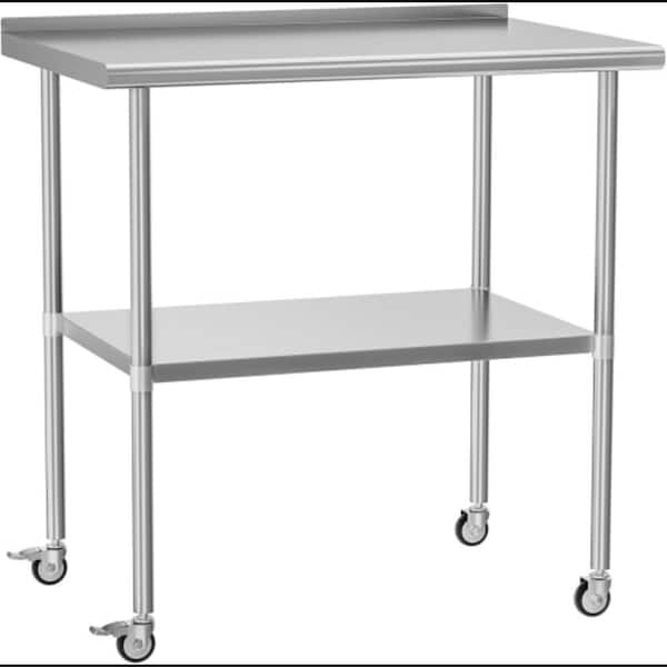 Adrinfly Stainless Steel Kitchen Prep Table 30 in. x 36 in. with Adjustable Undershelf & Wheels for Outdoor Restaurant, in Silver