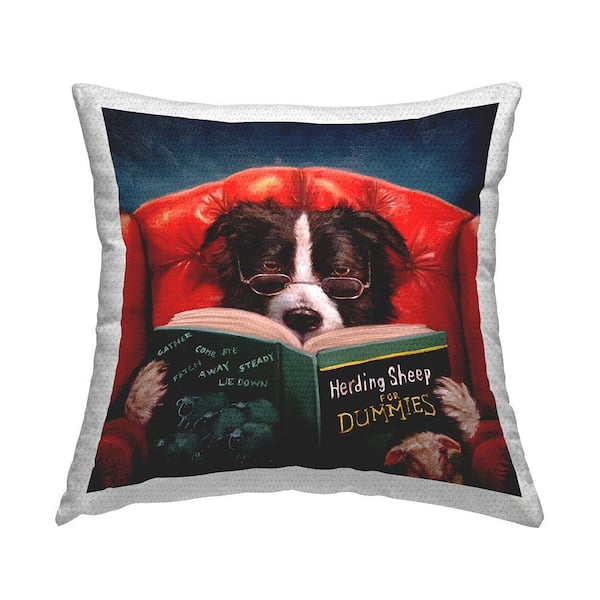 Herding Sheep Dog Reading for Dummies Funny Pet Multi-Color Square Outdoor Throw Pillow