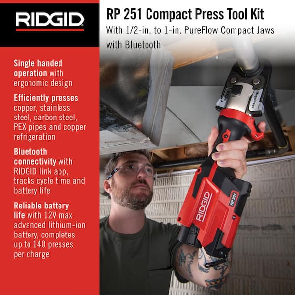 RP 251 Stainless Steel Press Tool Kit Includes 3-PureFlow Jaws (1/2, 3/4, 1 in.), 2-12V Batteries, Charger Plus Case