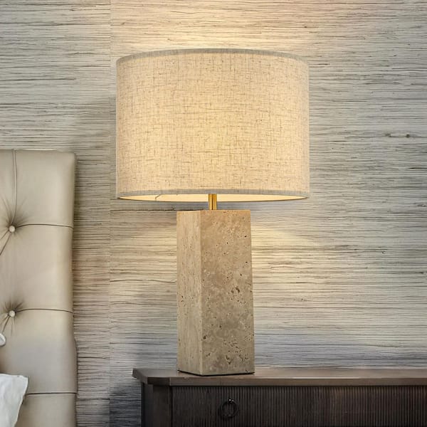22 in. 1-Light Modern Table Lamp with Rectangular Natural Travertine Stone Base and Beige Linen Drum Shade