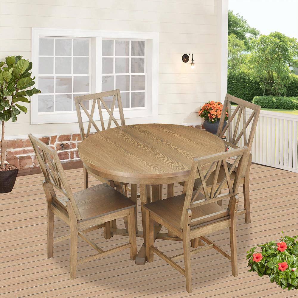 5-Piece Brown Wood Patio Outdoor Dining Table Set with 4 Cross Back Dining Chairs