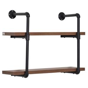 Modern 1.25 in. Rustic Brown 2-Tier Industrial Pipe Shelves Floating Wall Mounted Bookshelf Metal Frame Display Rack