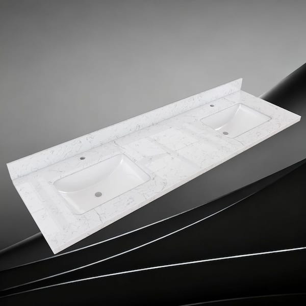 72 in. W x 22 in. D Engineered Stone Composite Rectangular Double Sink Vanity Top in Carrara White with Backsplash