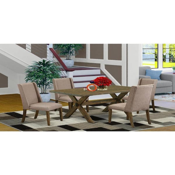 East West Furniture 5-Piece Rectangle Distressed Jacobean Finish Solid Wood Top Dining Table with 4 Upholstered-Chairs with Lattice Back