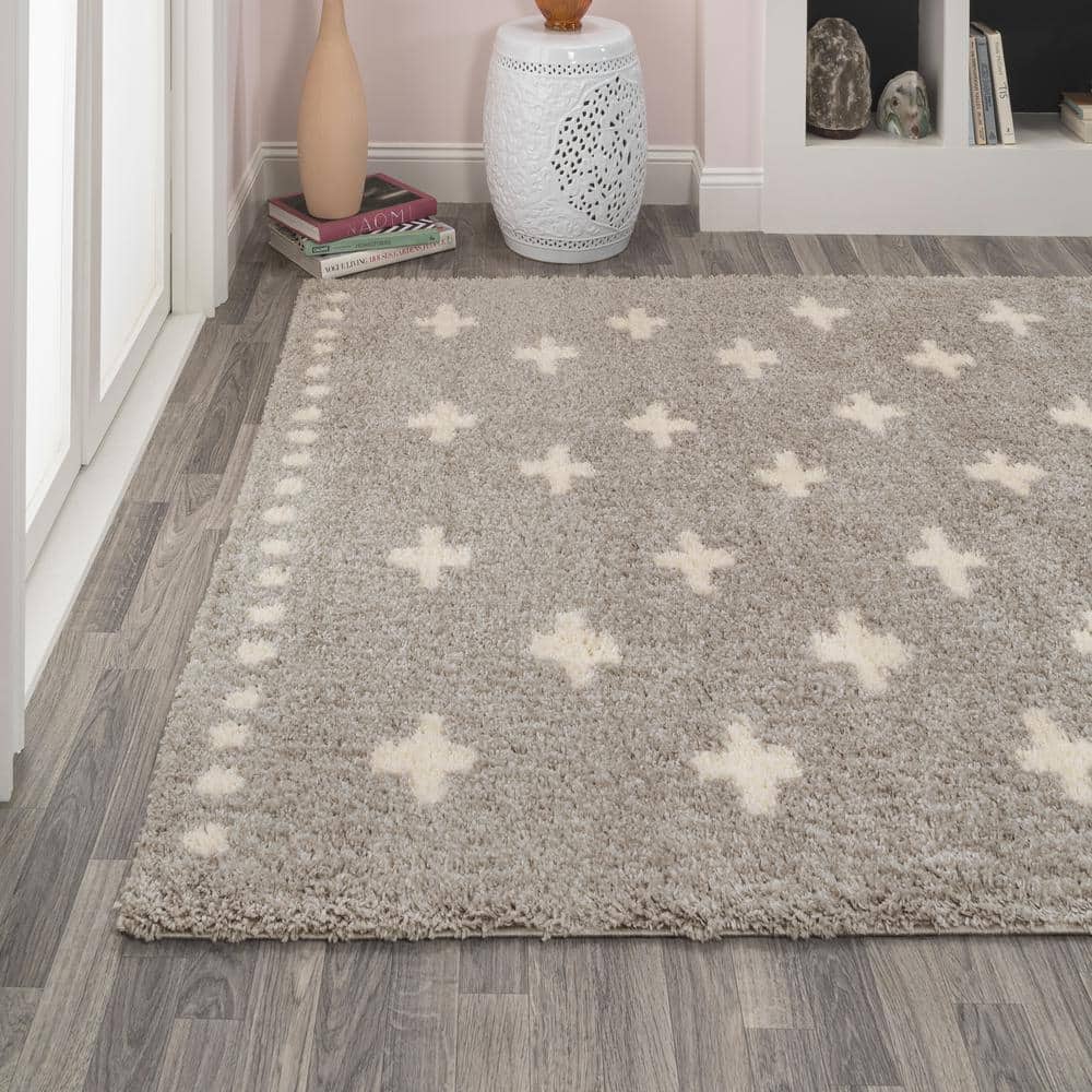Gray and Ivory Geometric Shag Area Rug, 3x5 Feet