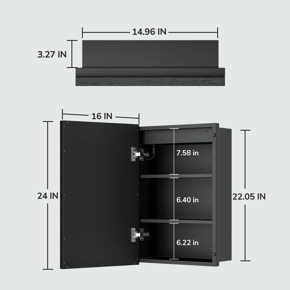 16x24 Black Aluminum LED Medicine Cabinet with Mirror and Defog