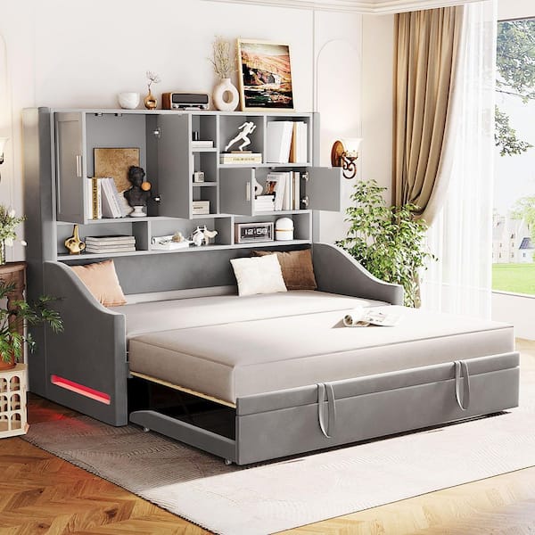 All-in-One Gray Twin Size Wood Daybed with Movable Pull-Out Lift-Up Twin Trundle, Cabinets, Shelves, LED Lighting