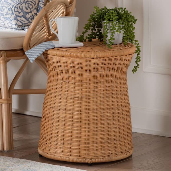 Caroline 15.4 in. Light Honey Round Rattan Wicker End Table