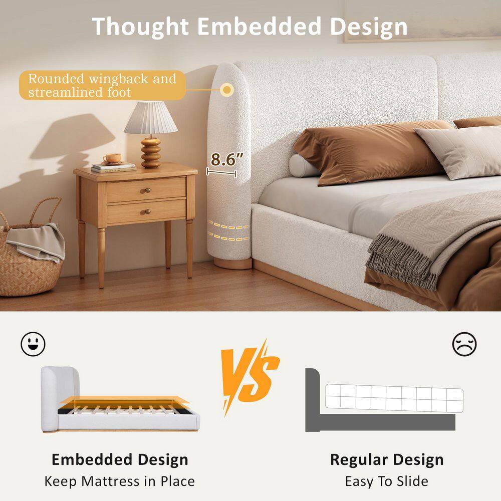 White Wood Frame Queen Size Boucle Upholstered Wingback Headboard Platform Bed with Solid Wood Base - thumbnail 7