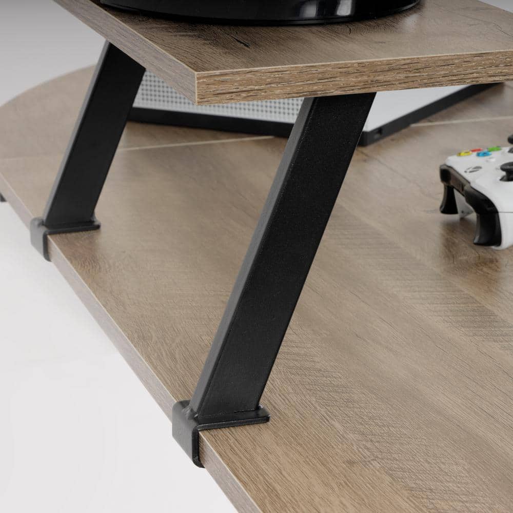 Sewn Oak Laminate and Black Steel L-Shape Home Office Desk