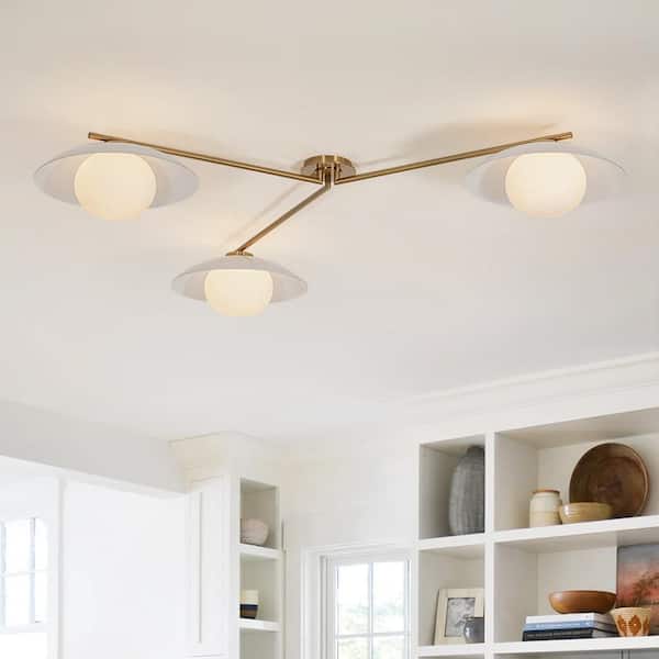 59.1 in. 3-Light Modern Mid-Century Brass Semi-Flush Mount Ceiling Light with Layered Disc and Opal Globe Shade