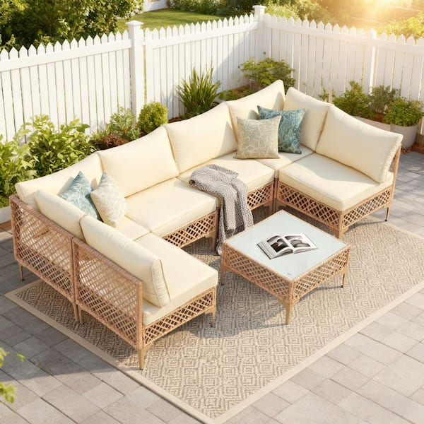 7-Piece Oak Wicker Patio Furniture Sets Outdoor Conversation Set Sectional Sofa with Cream Cushions