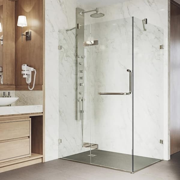 VIGO Monteray 30 in. L x 38 in. W x 73 in. H Frameless Pivot Rectangle Shower Enclosure in Brushed Nickel with Clear Glass