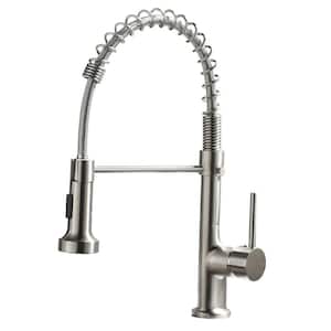 Single-Handle Spring Spout Pull Out Sprayer Kitchen Faucet with Deck Mount in Brushed Nickel