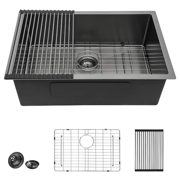 LORDEAR Gunmetal Black 28 in. Undermount Single Bowl 16 Gauge Stainless ...