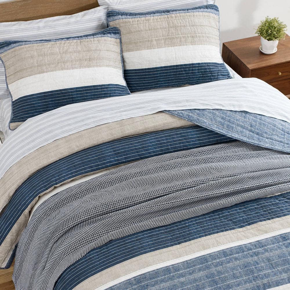 Twin Blue Cotton Reversible Quilt Set with Trim