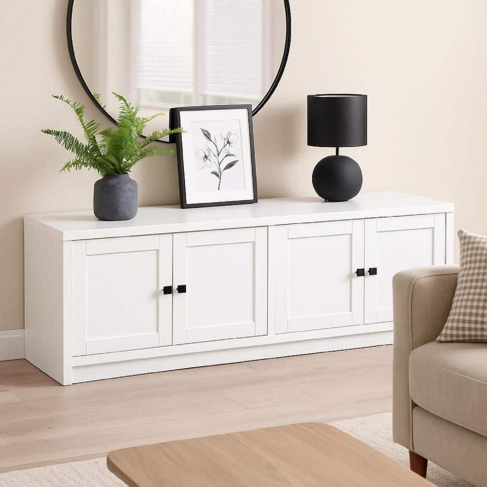 Benjara Donna White TV Stand Media Cabinet Fits TV up to 80 in. w