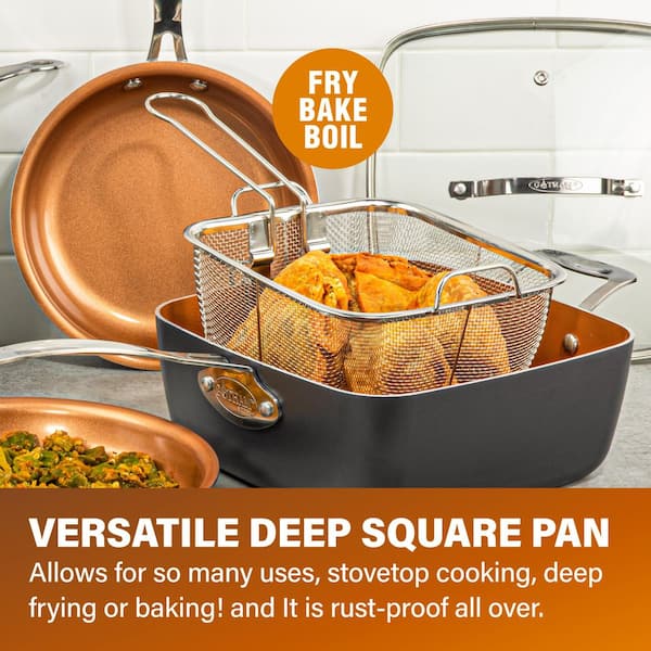 Granitestone 9.5 Inch Deep Frying Pan with Lid, 4 Pc Non Stick Deep Square  Frying Pan Set with Steamer & Fry Basket, Large Frying Pan/Saute Pan for