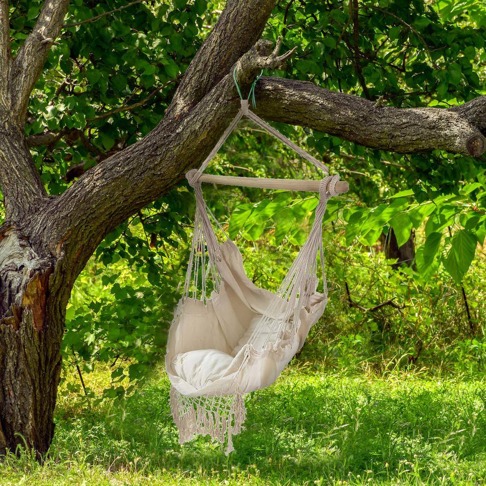Ivory Cotton Hanging Rope Hammock Chair with Side Pocket