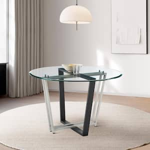 Devi Stainless Steel and Black Glass Top 48 in. Trestle Base Dining Table Seats 4