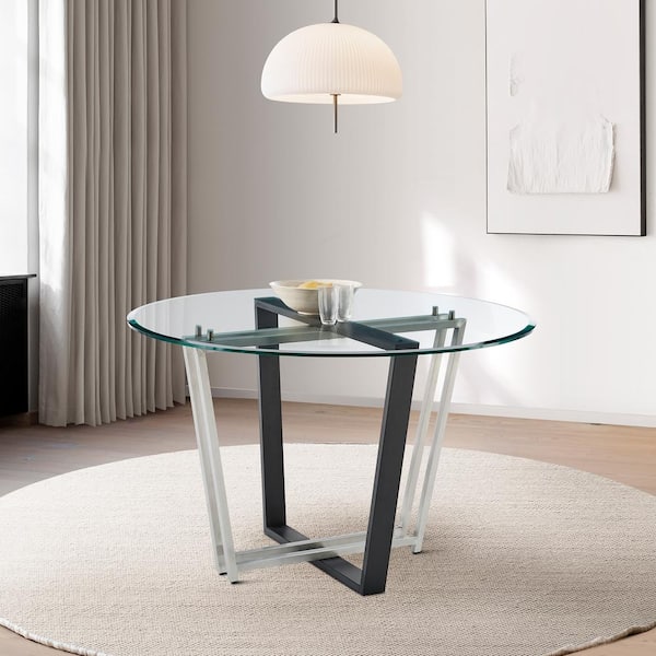 Armen Living Devi Stainless Steel and Black Glass Top 48 in. Trestle Base Dining Table Seats 4