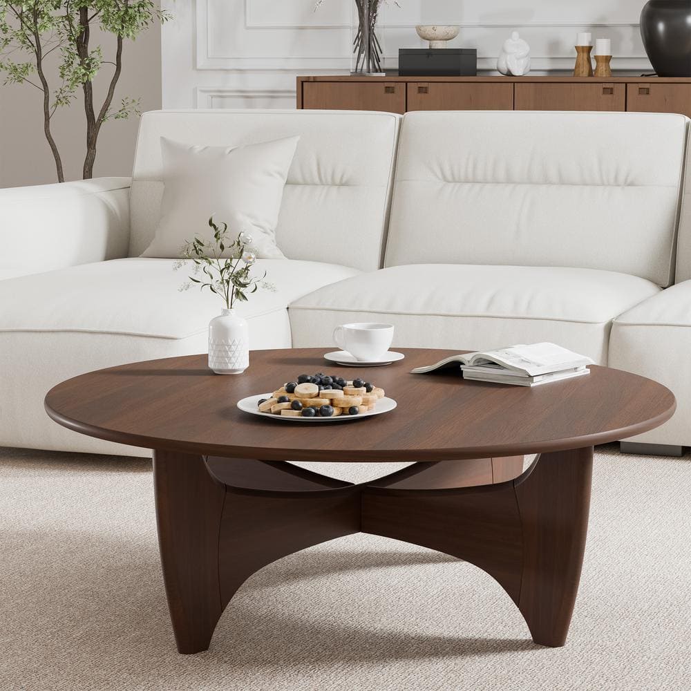 Dovelina 38 in. Walnut Color Round Solid Wood Oak Coffee Table HD