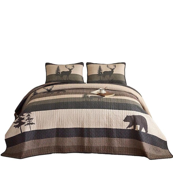 CP328 Rustic Lodge Bear and Deer Forest Queen Size Cotton Quilt Bedspread Set