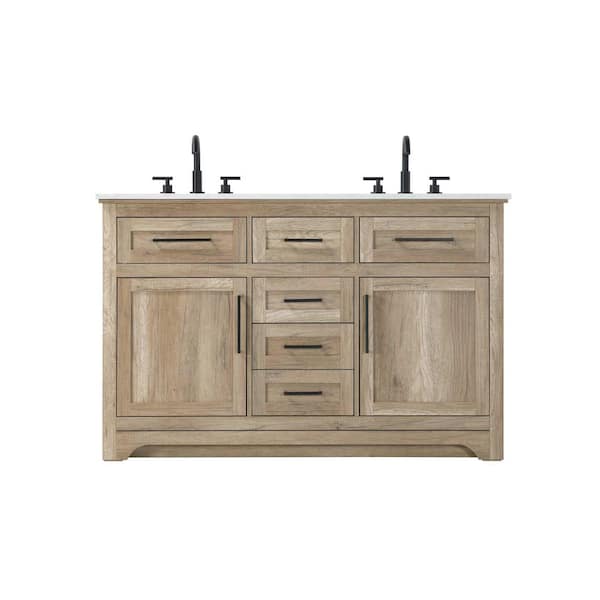 54 in. Double Sink Freestanding Natural Oak Bath Vanity with Marble White Engineered Marble Top