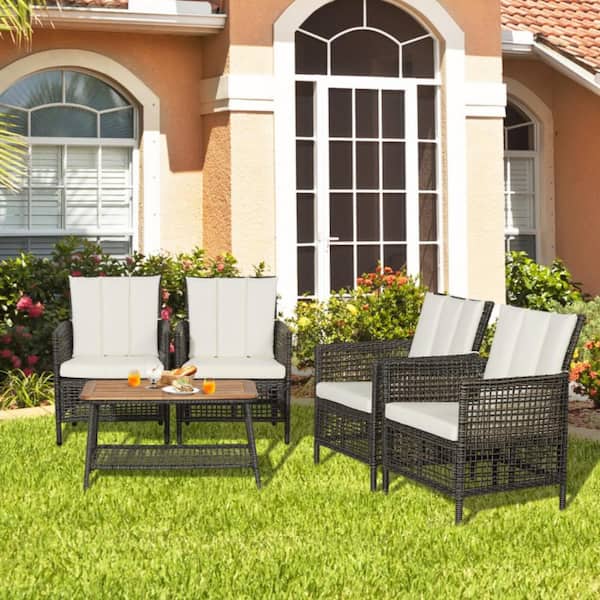 Kadehome 5-Piece Brown Wicker Patio Conversation Set with Off White Cushions