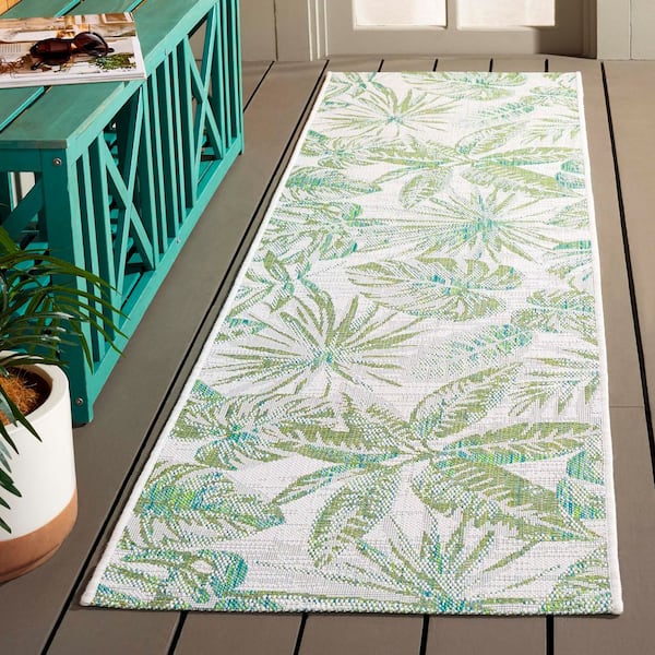 Courtyard Ivory/Green 2 ft. x 8 ft. Oversized Botanical Indoor/Outdoor Runner Rug