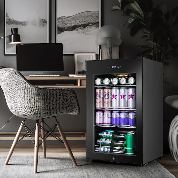 17 in. Single Zone Freestanding 101-Cans Black Stainless Steel Beverage Cooler with Adjustable Removable Shelves