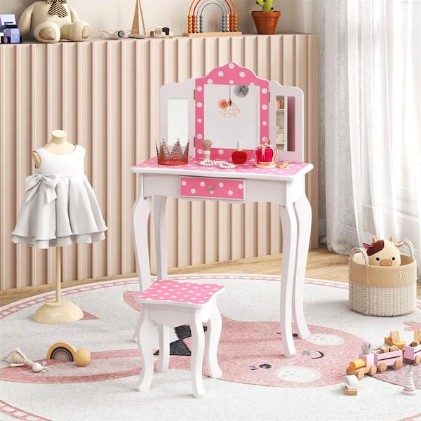 2-Piece MDF Top Pink and White Kids Vanity Table Set with Cute Polka Dot Print Tri-folding Mirror Drawer