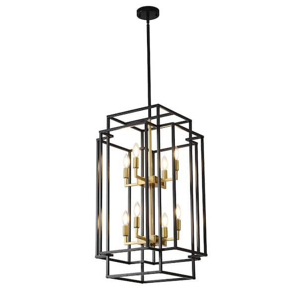 8 Light Black Farmhouse Chandelier, Lantern Tiered Pendant Light Fixture, Foyer Chandeliers for Dining Room