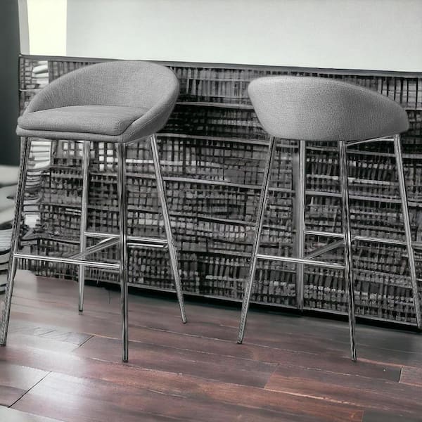 HomeRoots 30 in. Gray and Silver Low Back Metal Bar Chair with Upholstery Seat Set of 2