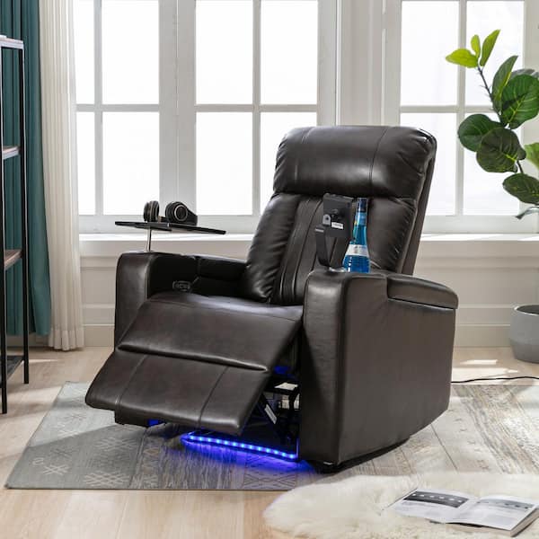 Brown Faux Leather Power Recliner with Storage Arms, Swivel Tray Table, Phone Holder