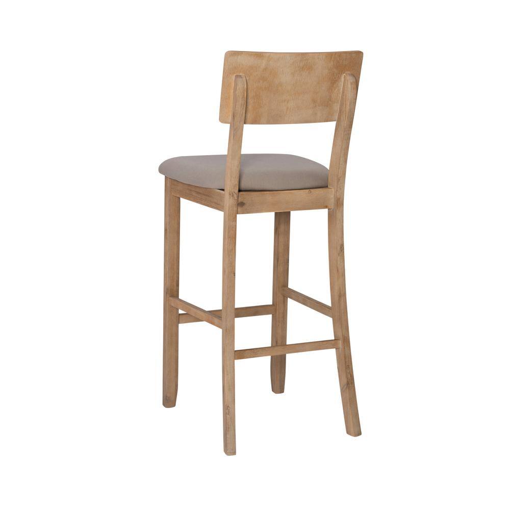 Rustic Gray Wash 46" Acacia Wood Bar Stool with Light Gray Linen Cushion