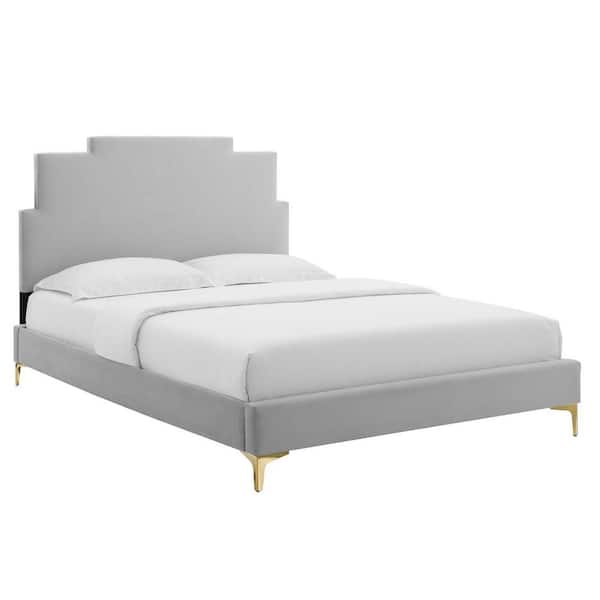 MODWAY Lindsey Performance Velvet Queen Platform Bed in Light Gray