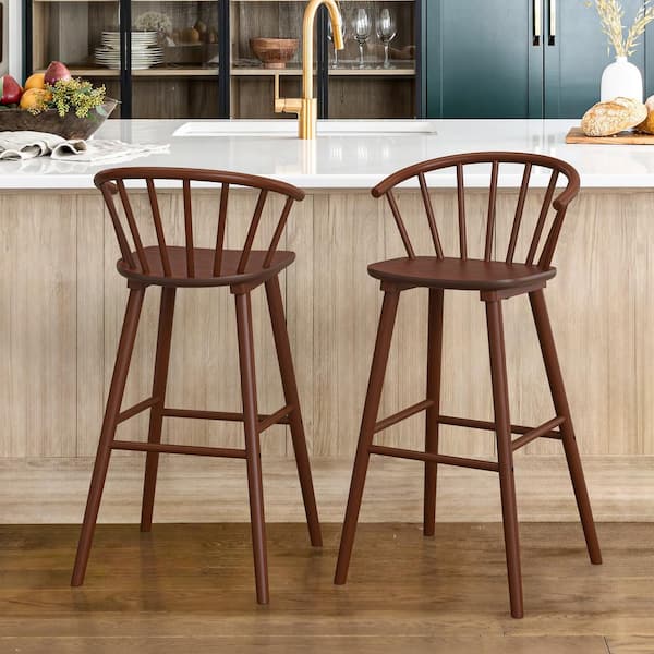 LUE BONA Winson Windsor 30 in. Walnut Solid Wood Bar Stool for Kitchen Island Counter Stool with Spindle Back Set of 2
