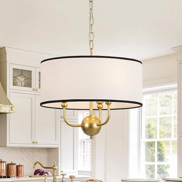 Softline 15.7 in. 3-Light Gold Finshed Drum Chandelier with Fabric Shade For Kitchen Island Living Room Foyer