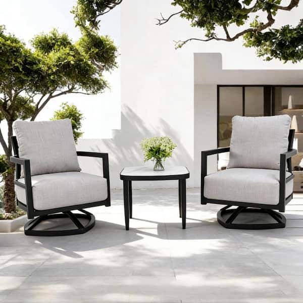 3-Piece Aluminum Patio Conversation Furniture Set with Sunbrella Cushions, 2 Swivel Chairs and 1 Table