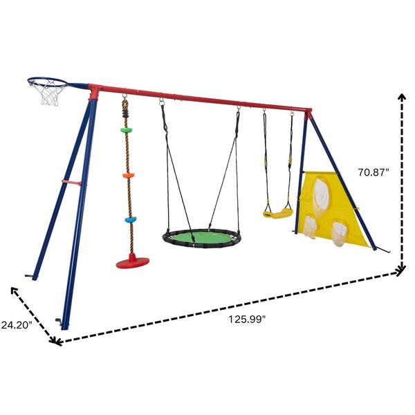 Blue and Green Kids Metal Swing Set for Backyard with Textilene