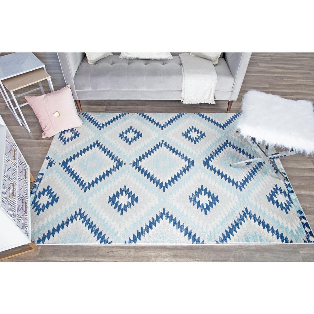Ice Blue and Multicolor Synthetic Stain-Resistant Runner Rug