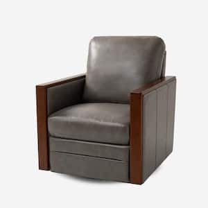 Alex Modern Leather Swivel Armchair with Wood Arms-GREY