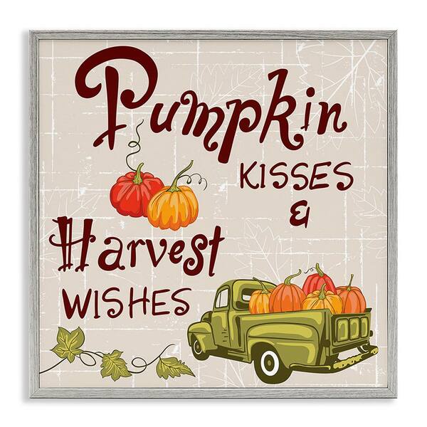 Stupell Industries Farmhouse Pumpkin Kisses by Diane Labombarbe 1-Piece Framed Graphic Print Typography Poster Art Print 12 in. x 12 in.