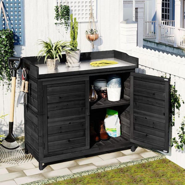 Unbranded 39 in. W x 37.4 in. H Wooden Potting Bench Storage Garden Shed with 2 Shelves and Side Hooks, Black